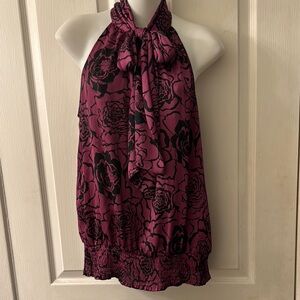 Purple black geographic print sleeveless satin necktie bow blouse size large